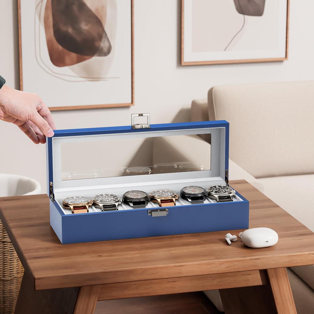 ProCase Деревянная коробка для часов с крышкой из стекла, мужская, 6 слотов