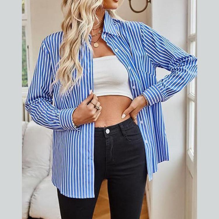 Elegant Casual Long Sleeve Striped Blouse Top Ladies Shirt All Match Summer Spring