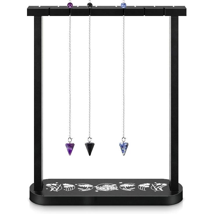 Wooden Pendulum Display Stand Black Crystal Display Shelf for Stones Rocks Crystal Pendulum Holder with 3 Pieces Pendants Witch Ornament Holder Stand