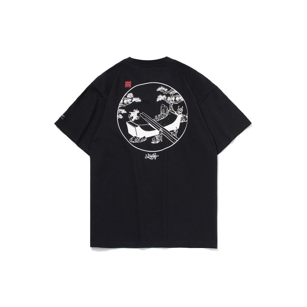 Футболка с коротким рукавом Li Ning Skateboard Series Vintage Print Cultural, мужские топы, черные AHSR029-1