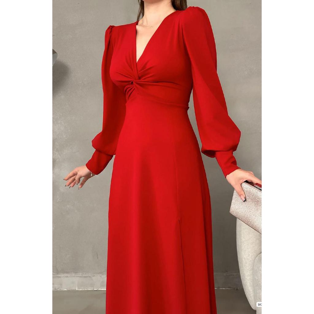 Black Crepe Fabric Front Knot Detail Maxi Length Long Sleeve Double Slit Dress