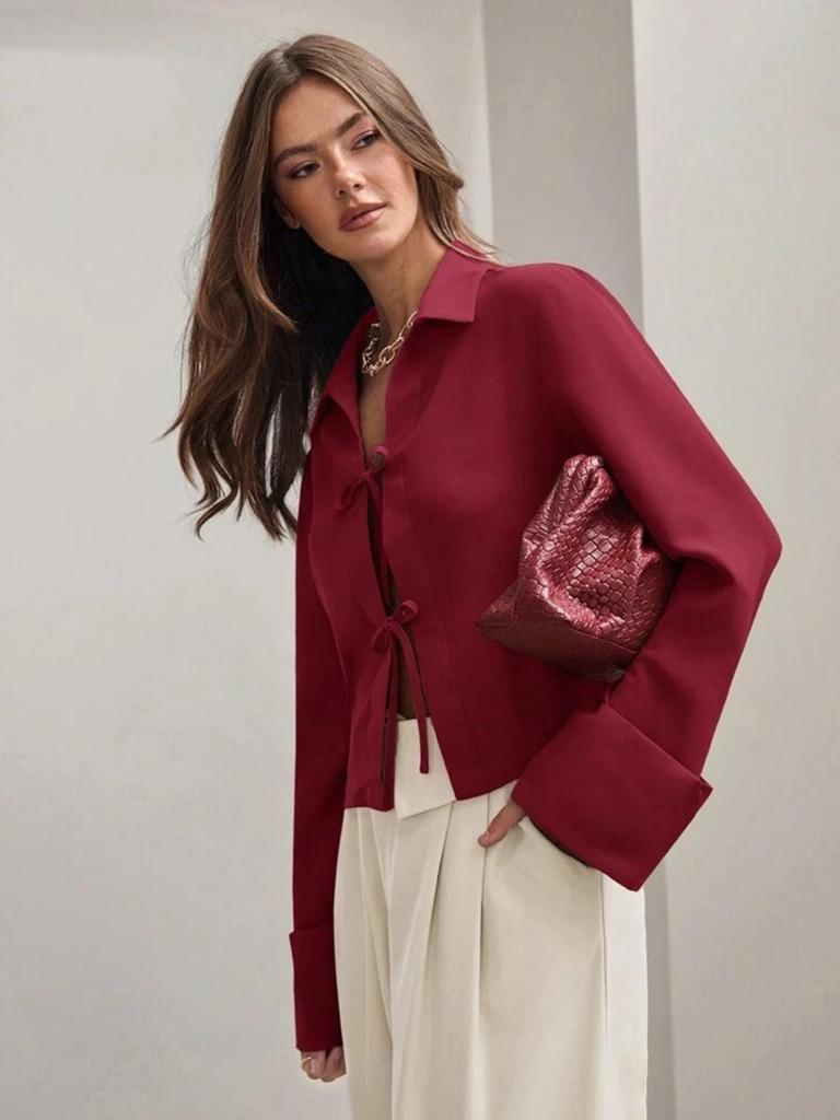 Женская весенне-летняя рубашка-кардиган с длинным рукавом и завязками-бантами, 2025