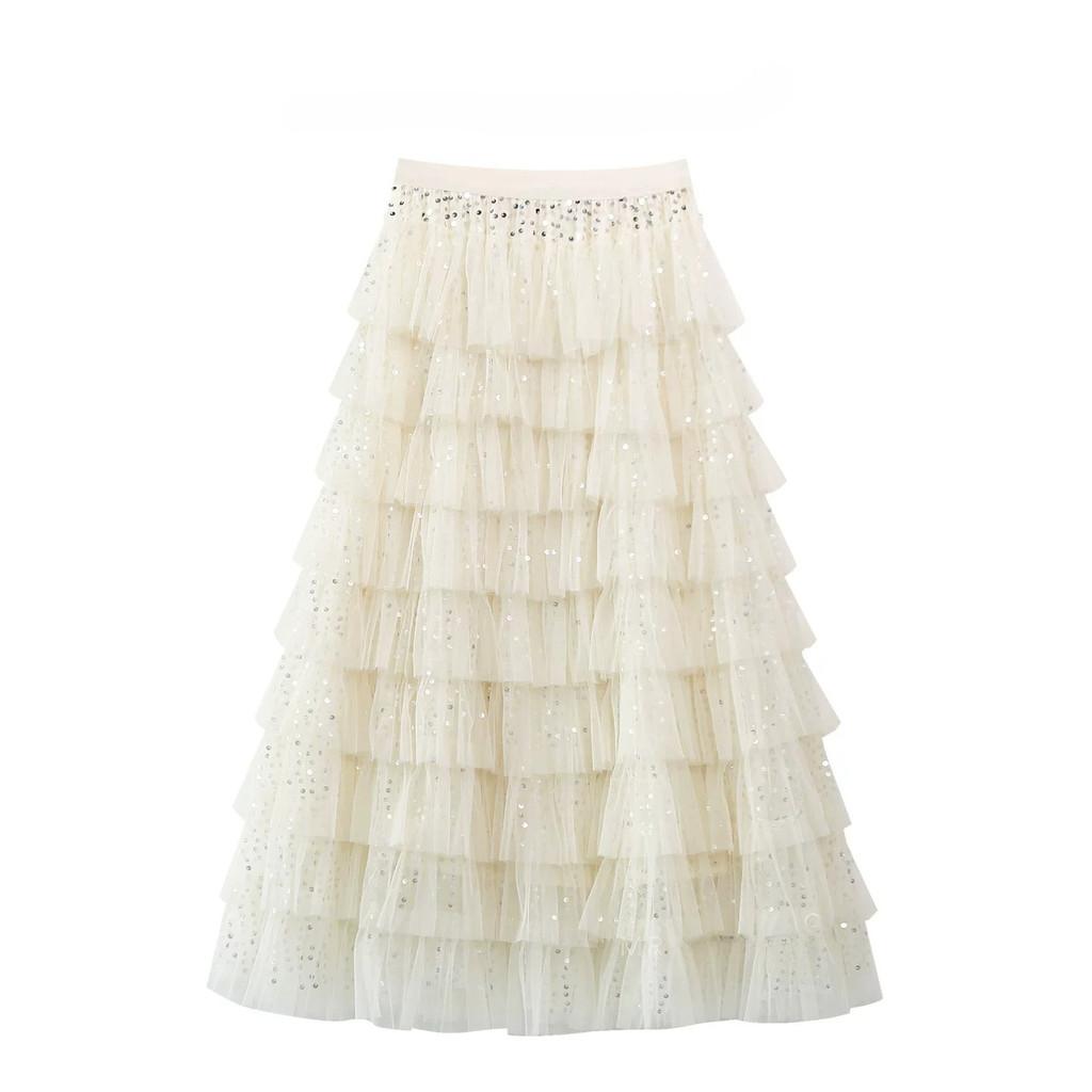 Qooth Sequin Tiered Cake Maxi Skirt for Women Fluffy Tulle Layered Full Flare Half Skirt with Sparkly Finish QT3003