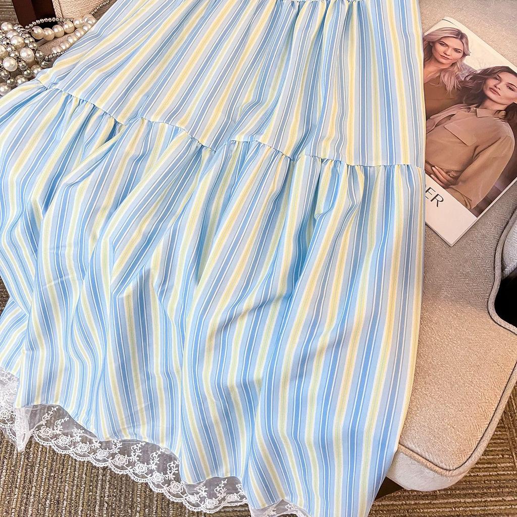 2025 Women's Summer Seaside Striped Spaghetti Strap Long Dress - French Style