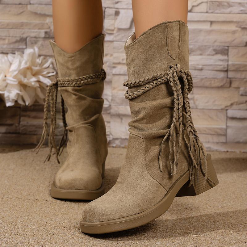 Fashion Sexy Tassel Suede Long Western Cowboy Boots Women 2025 Winter Thick Heel Knee High Boots Retro Khaki Medium Heel Shoes Plus Size