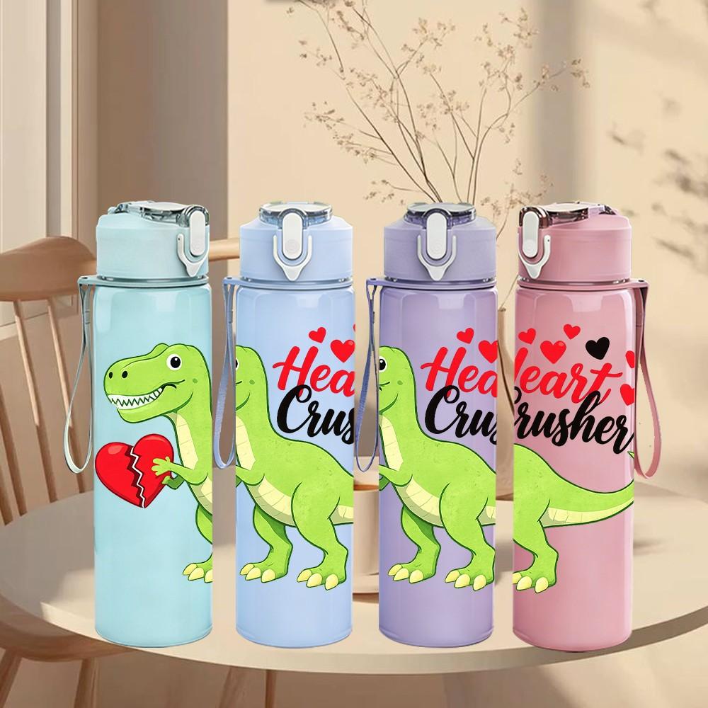 1PC Dinosaur Heart Crush Print 750ml Color Plastic Sports Water Bottle Leakproof Flip Straw Lid Suitable for Sports Office Home Use