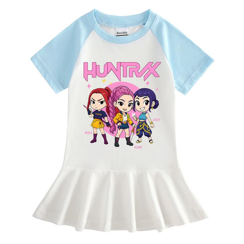 Girls Kpop Rumi Mira Zoey Hunters Print Raglan Sleeves Pleat Dress