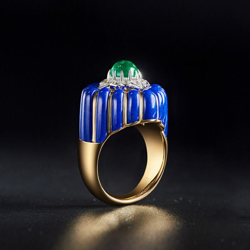 BELLA BOX Italian Vintage Crown Imitation Natural Emerald Ring Suitable For Women's Daily Party Wear Fashion Jewelry