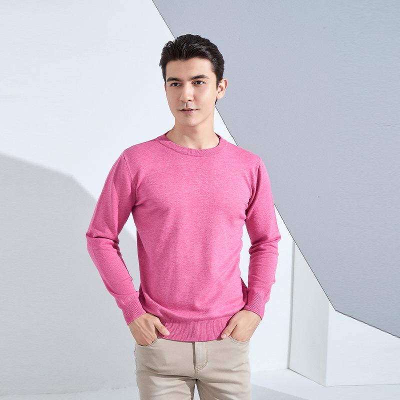 Осень и Зима Мужской Трикотажный Свитер с Круглым Вырезом, Свободный, Утепленный Пуловер, Однотонный, с Длинным Рукавом, Короткий, Деловой, Базовый, Теплый Свитер