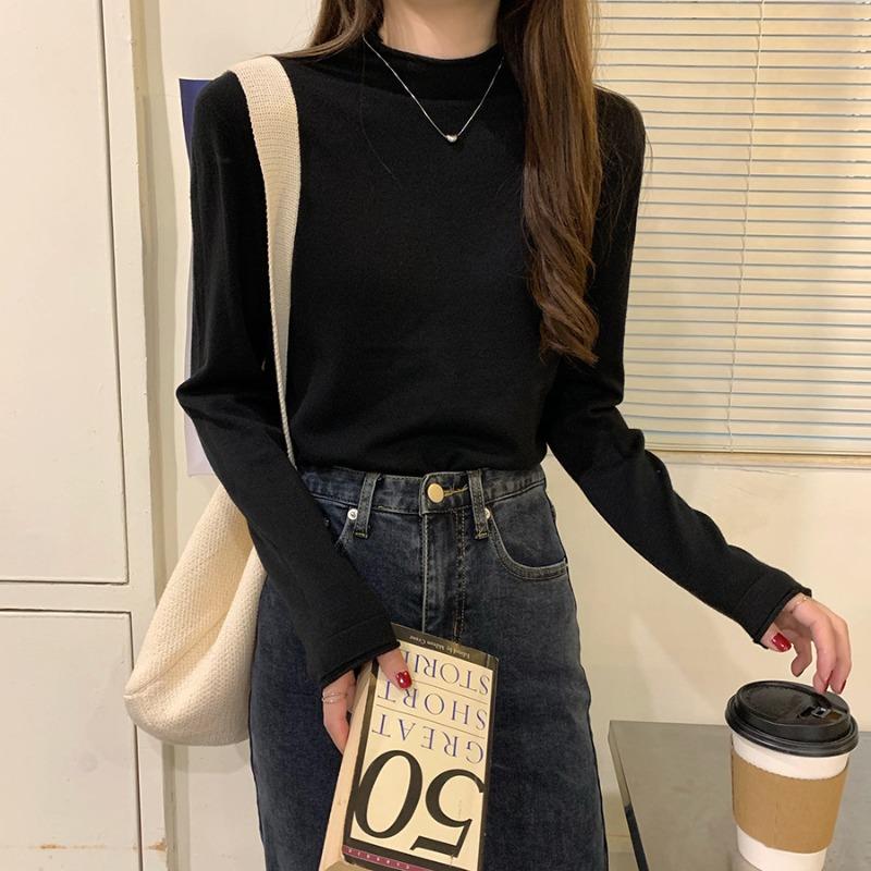 Semi-turtleneck Bottoming Shirt Women's Black Slim-fitting Sweater Inside White Thin Knitted Sweater Autumn and Winter Top