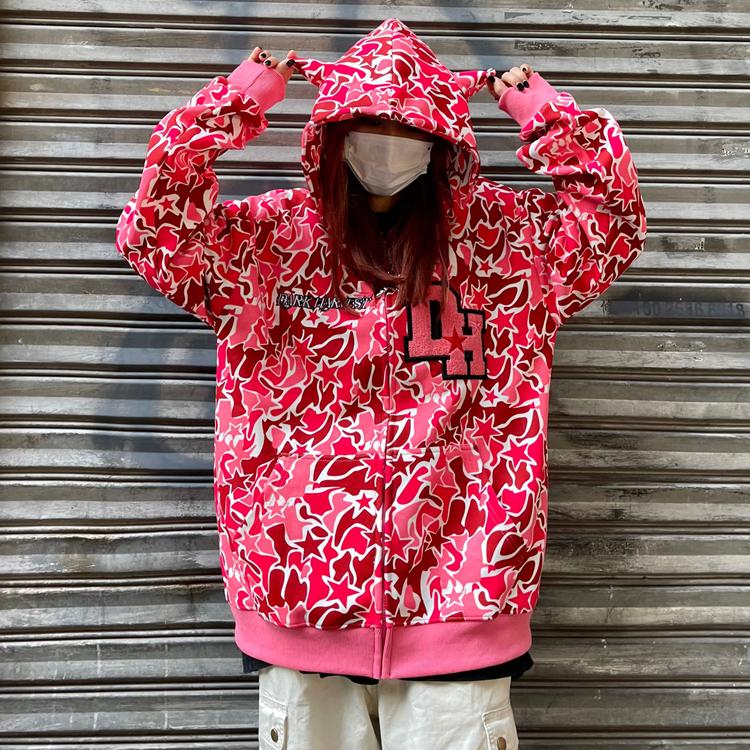 Harajuku Demon Embroidery Hoodies Oversized Camouflage Sweatshirt Gothic Goth Zip Up Hoodie Y2k Clothes Couples Streetwear Women