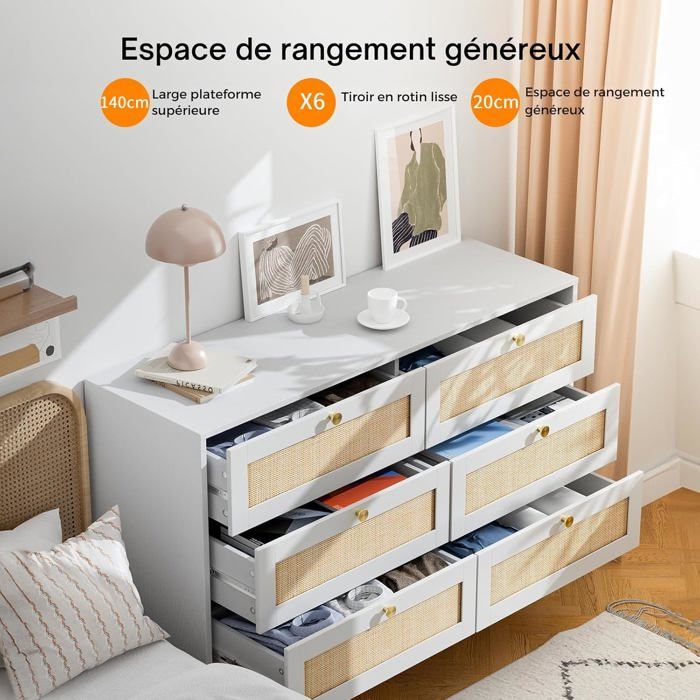 Commode en rotin à 6 tiroirs, Meuble Rangement, Commode Chambre avec tiroirs, 120 x 40 x 85 cm Blanc