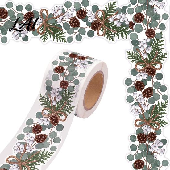 Continuous Roll Seasonal Stickers Christmas Wreath Border Roll Eucalyptus Pine Branches/Elk Handbook Collage Adhesive Strips Illustrations