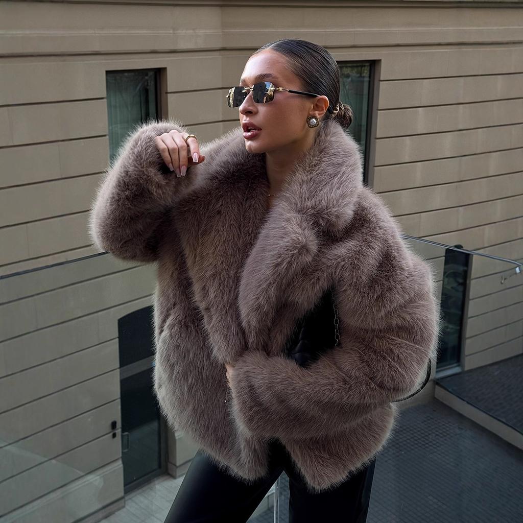 Женские пальто из искусственного меха, однотонные, теплые куртки, длинные рукава, воротник с лацканами, потайная застежка на пуговицы, свободный крой, элегантный повседневный стиль, осень-зима