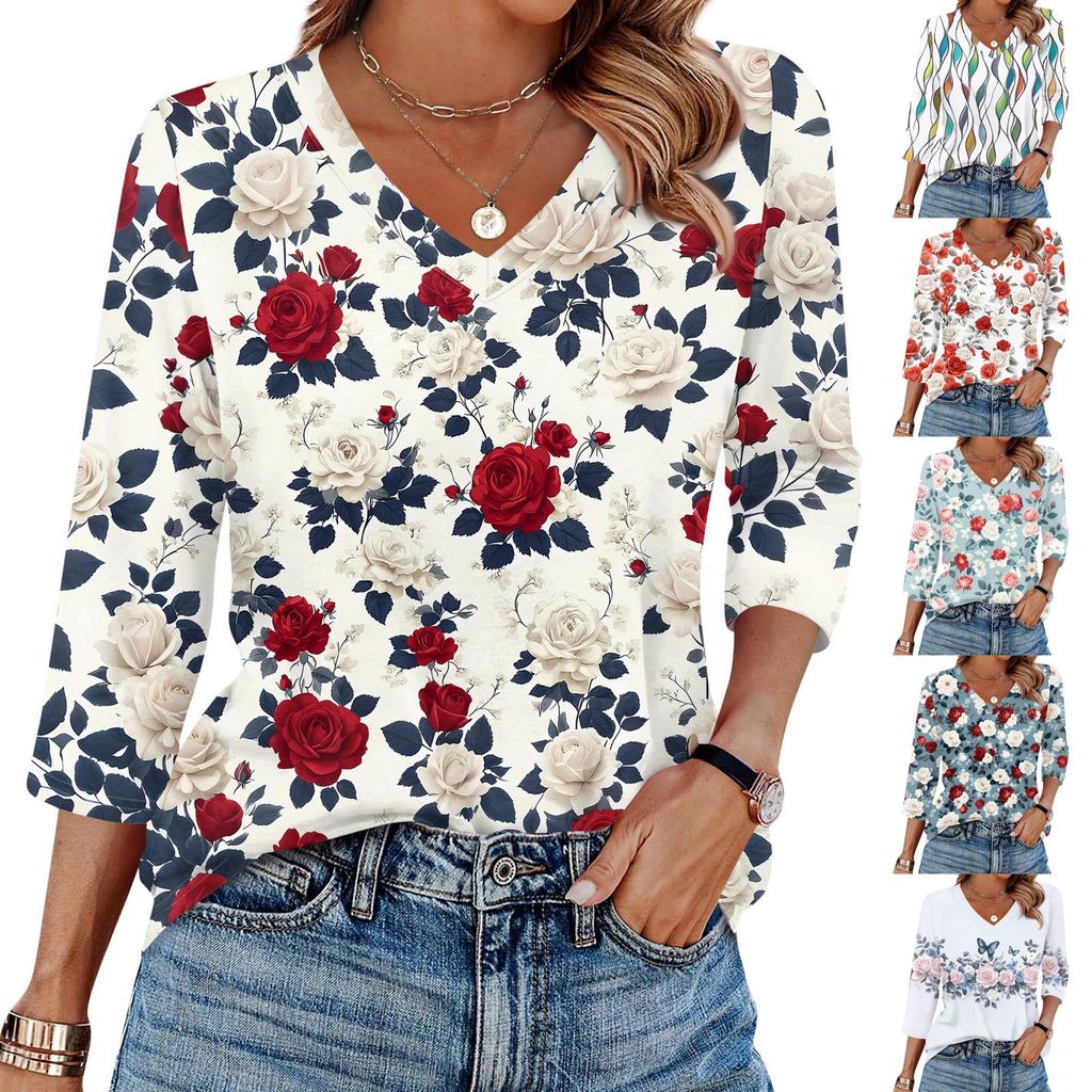 Женская футболка с принтом, рукав 3/4, повседневная мода на выходные, базовый топ с V-образным вырезом
