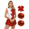 Womens Shiny Sequin Color Block Sleeveless Dress Bowknot Headwear Flower Balls Cheerleading Dance Costume