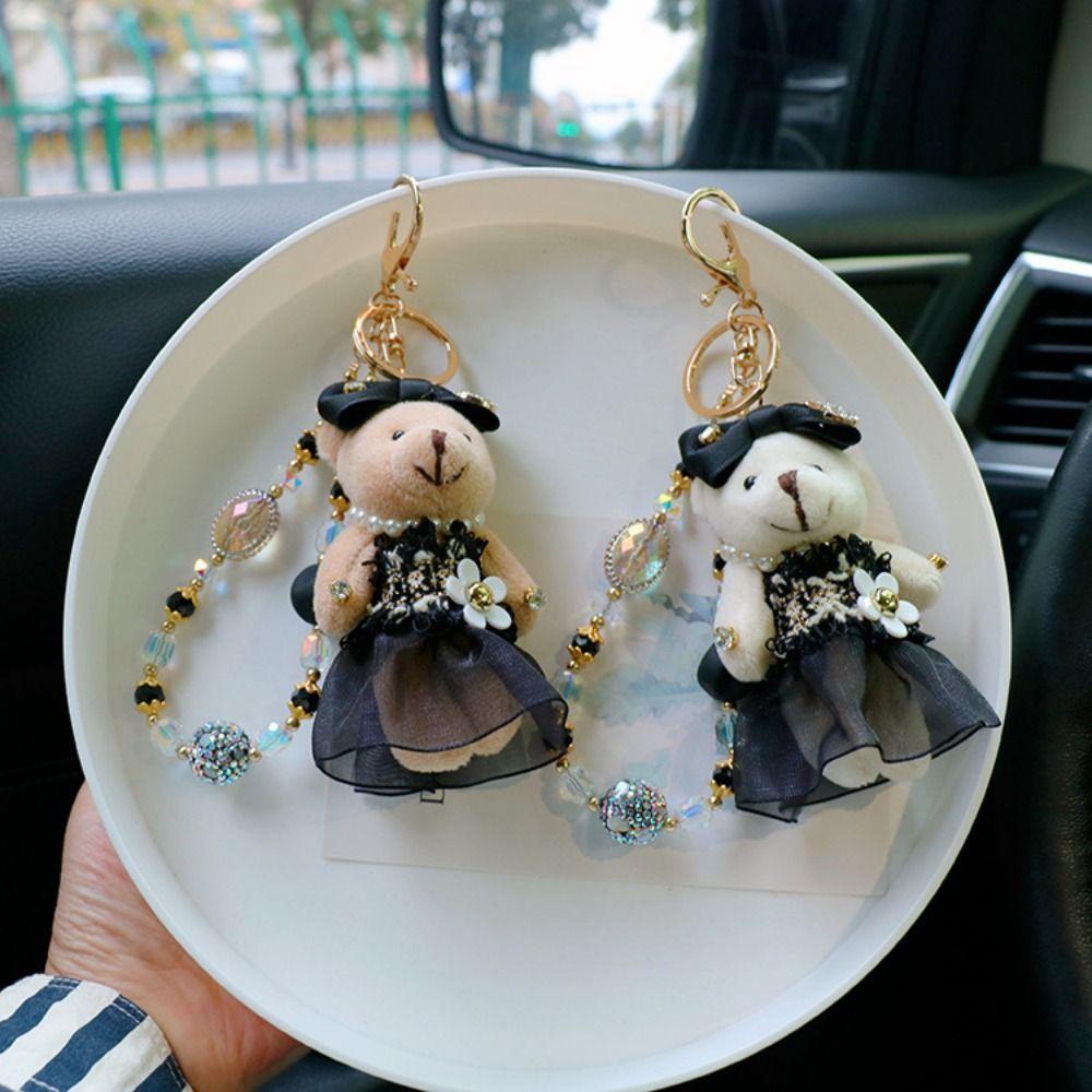 Crystal Bead String Stuffed Doll Pendant Lovely Car Key Ring Little Bear Keychain Female