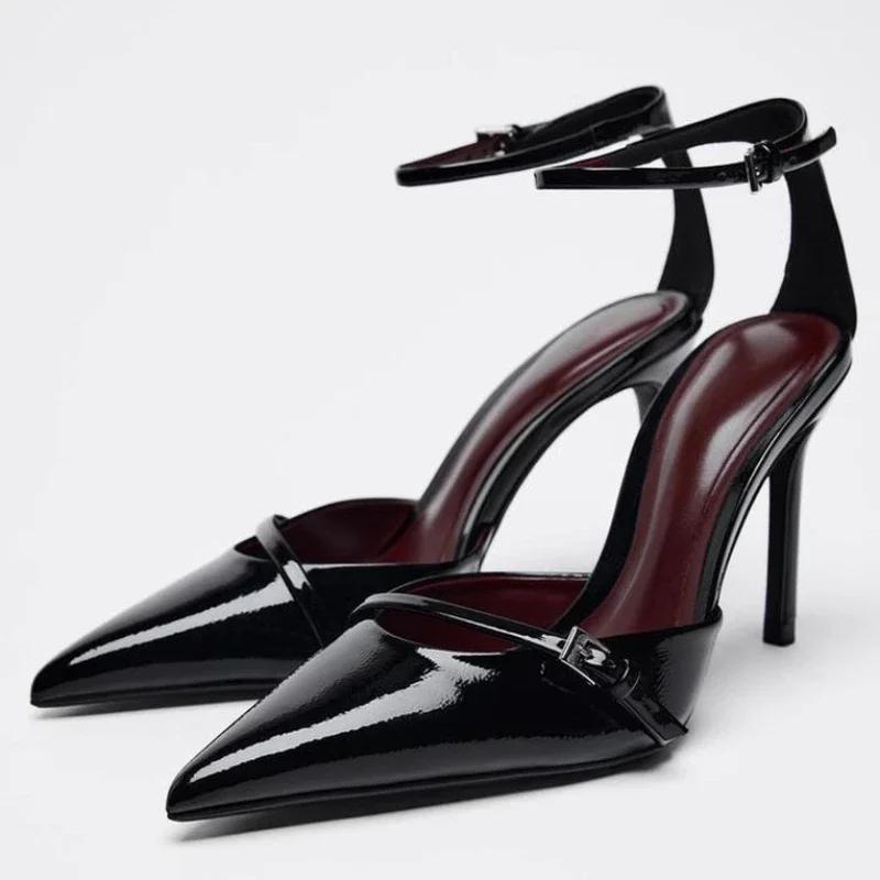 Fashion Sexy Ankle Strap Thin High Heels Women Summer Patent Leather Luxury Banquet Wedding Shoe Elegant Pointed Toe High Heeled Sandals