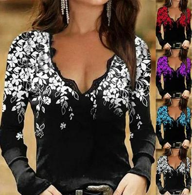 Women's 2023 Autumn/Winter V-Neck Floral Long-Sleeve T-Shirt
