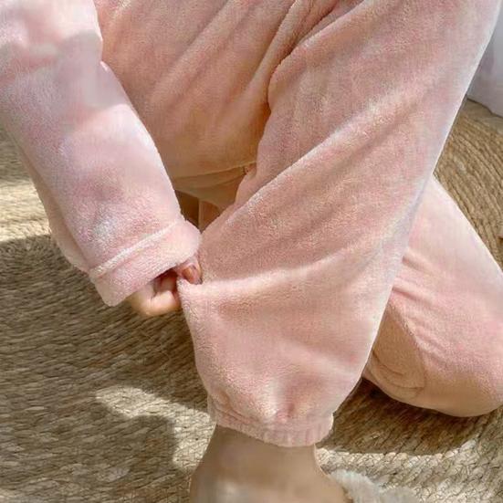 2 Pcs/Set Women Winter Pajamas Set Soft Thick Plush Cold Resistant Solid Color Round Neck Elastic Waist Long Sleeve Lady Homewear Sleeping Set