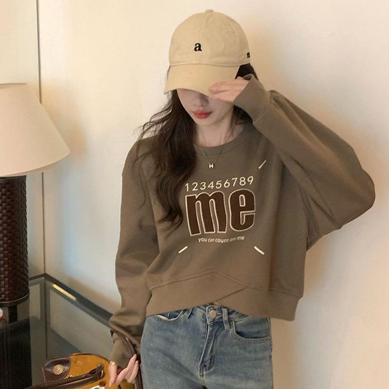 Большой высококачественный американский принт, свитер-кроп с круглым вырезом и длинными рукавами