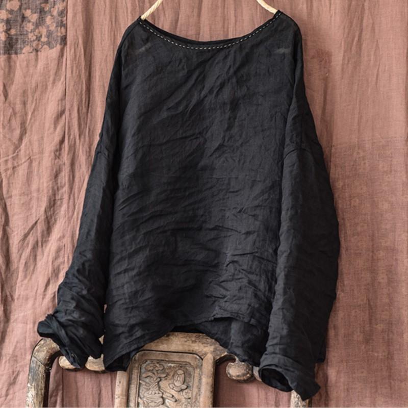 Johnature Женские винтажные футболки с длинным рукавом и круглым вырезом Ramie, весенние однотонные футболки, свободные повседневные футболки высокого качества