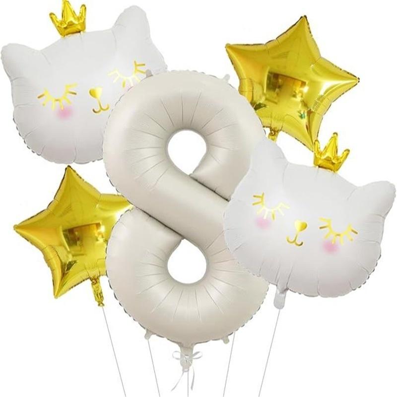 40-Inch Cream-Colored Digital White Crown Cat Balloon Set with Aluminum Foil for Children's Birthday Party Decorations