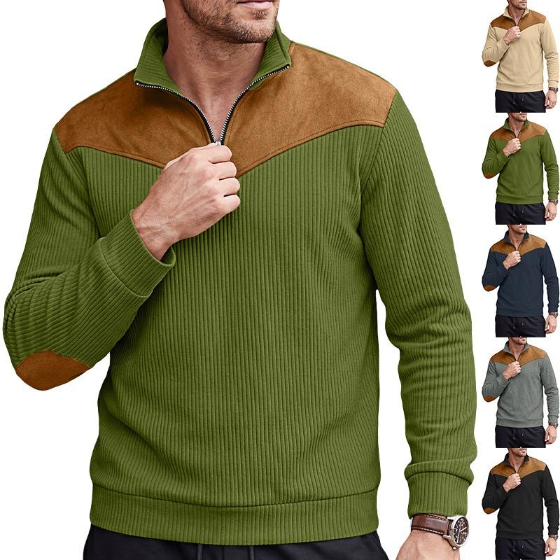 Men Vintage Ribbed Half Zip Stand Collar Long Sleeve Sweatshirt Suede Patchwork