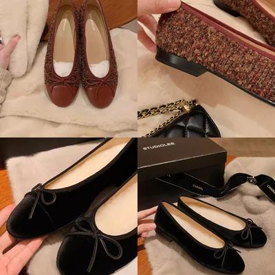 Версия из овчины~ Натуральная кожа классические остроносые туфли-лодочки с бантом из бархатного твида с открытым верхом для женщин