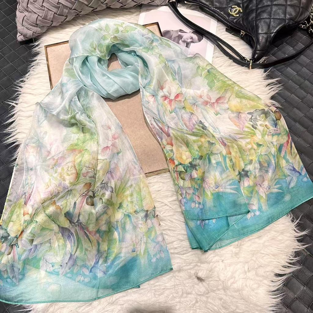 [BYSIFA] Blue 100% Silk Scarf Shawl New Floral Design Long Scarves Women Summer Utralong Beach Shawl Winter Scarves 180*110cm