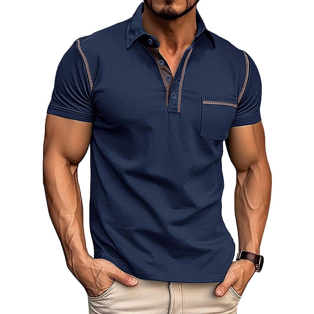 Summer European And American Men's Short Sleeved Men's Lapel T-shirt Color Blocking Top