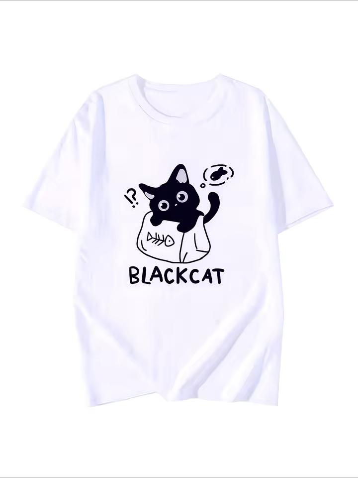 Kawaii Black Cat Pattern Clothes for Women Casual Short Tshirt Y2k Cute Kitten Print Women's Clothing with Many Korean Reviews