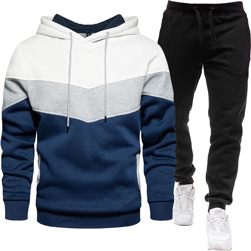 2024 Men's Fashion Spliced Hooded Sweatshirt & Long Pants Two-Piece Sports Suit for Autumn/Spring