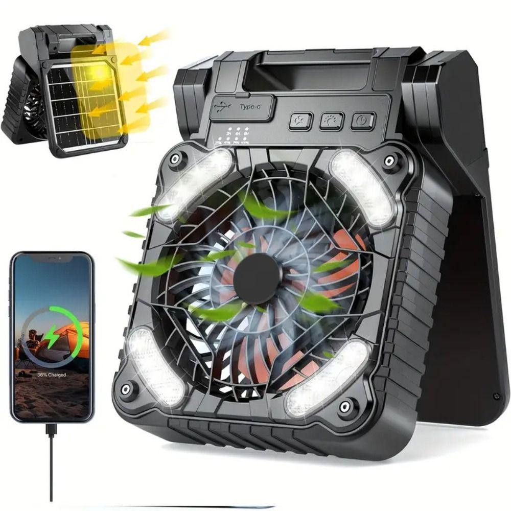 90° Folding Camping Fan with LED Light 5200mAh Portable Tent Fan Outdoor Solar Fan Picnic Trip