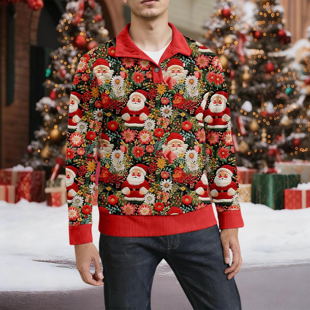 Мужская рождественская хлопковая рубашка-пуловер с длинным рукавом для активного отдыха, винтажная вельветовая рубашка с воротником-стойкой и пуговицами, повседневная толстовка с рождественским принтом