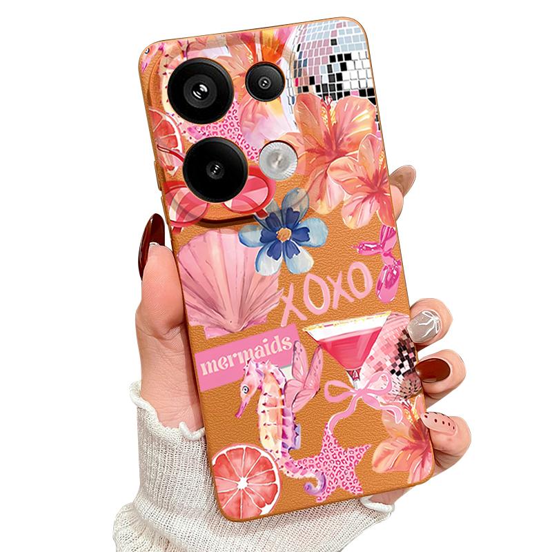 Розовый Чехол с Мультяшным Цветочным Рисунком для Xiaomi Redmi Note 14 13 Pro 5G 4G 12 11 Funda Xiaomi 14T 13T 11T Pro Силиконовая Крышка с Текстурой Кожи