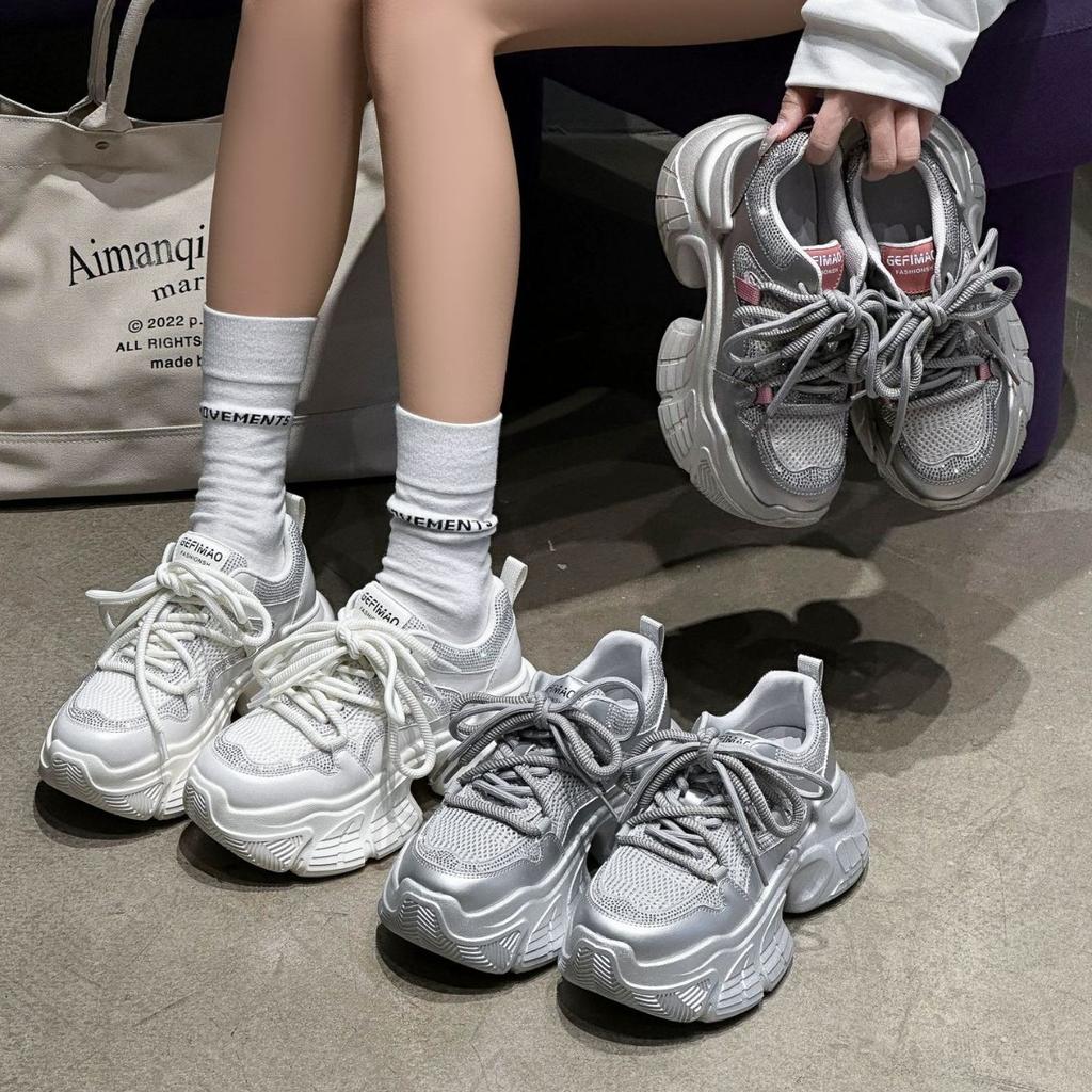 Silver Platform Versatile Dad Shoes Women's 2025 Spring New Heightening Muffin Women's Shoes Small Rhinestone Sneakers