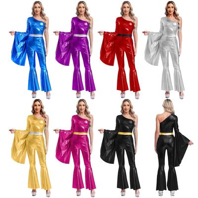 Диско-костюм, нарядное платье для женщин, блестящий комбинезон в стиле 70-х, одинарный боди с длинным рукавом, комбинезон в стиле хиппи
