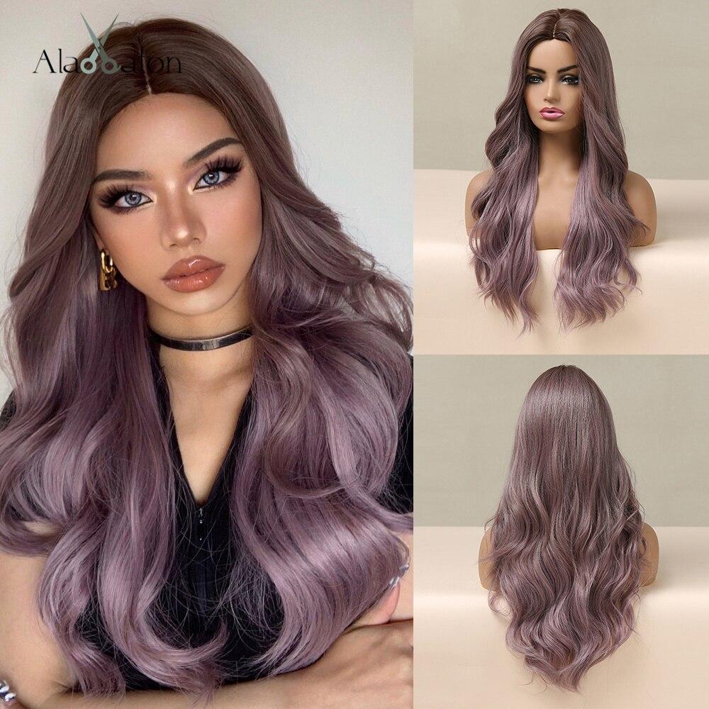 ALAN EATON Ombre Коричневый Серый Блондинка Длинные Волнистые Парики Термостойкие Натуральные Волосы Средняя Часть Вьющийся Синтетический Парик Косплей Искусственные Волосы