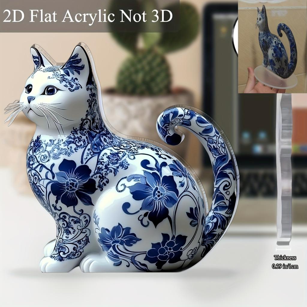 Элегантный Сине-Белый Фарфоровый Кот, Акриловый Декор для Стола, 2D Плоский Арт-Дизайн, Бохо Стиль для Домашнего Офиса, Бара, Кафе, Идеальный Подарок для Любителей Кошек, Ко Дню Святого Валентина