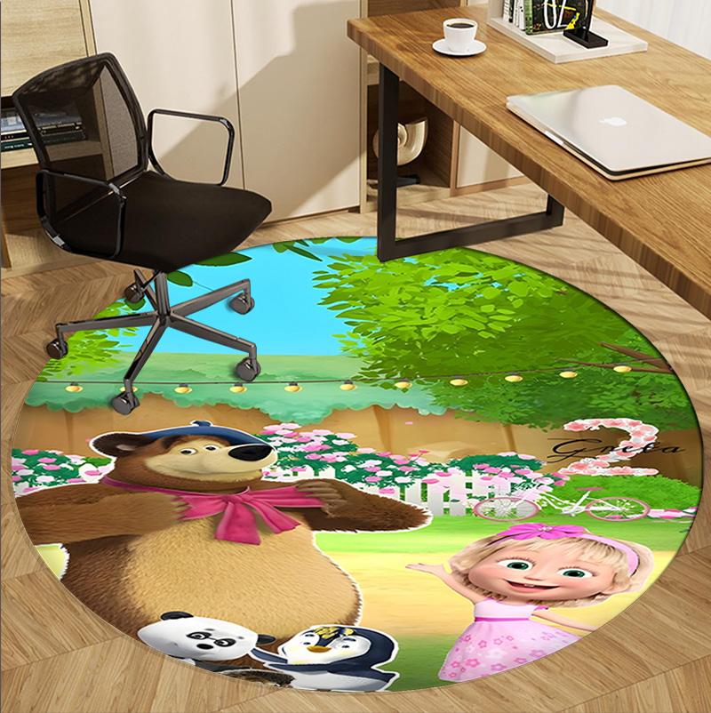 Masha and The Bear Pattern Round Rug, Indoor/Outdoor Mat, for Picnic, Gameroom, Bedroom, Office, Living Room, Home Decor Carpet, Birthday Gift