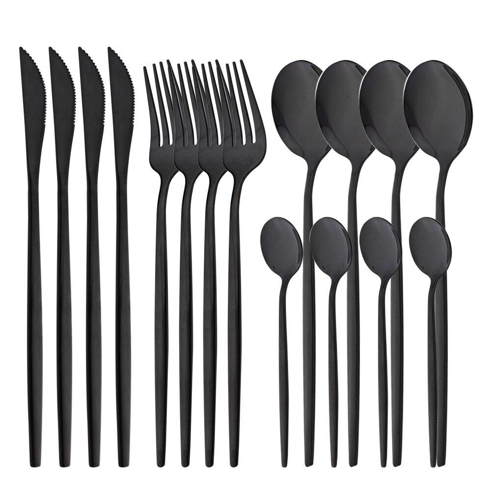 16pcs Upscale Black Gold Complete Dinnerware Set Stainless Steel Tableware Set Knife Fork Coffee Spoon Flatware Set Cutlery Set