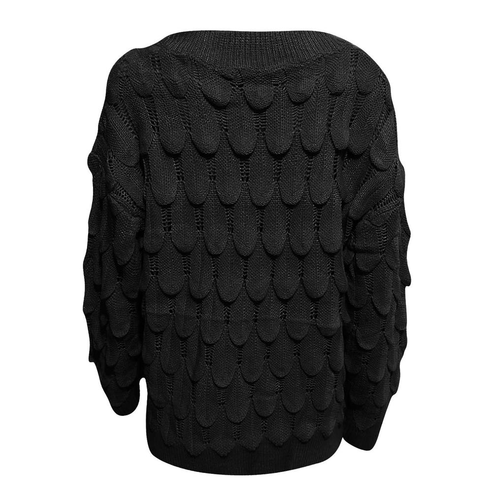 Women V-neck Solid Color Feather Hollowing Out Sexy Long Sleeves Sweater Tops