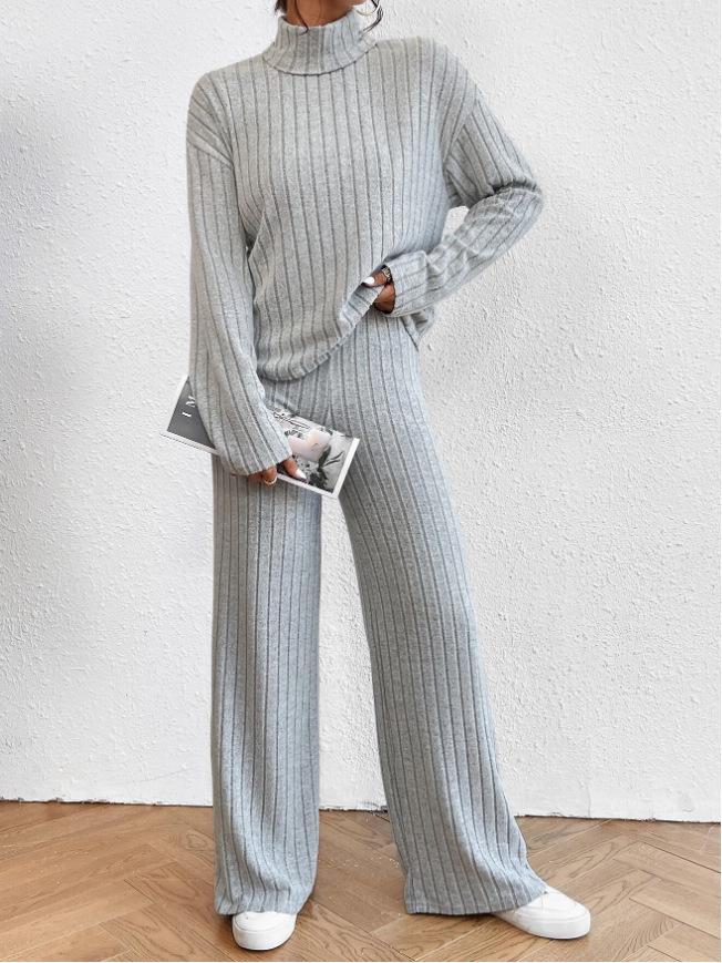 European & American 2023 Autumn/Winter High-Neck Knit Sweater & Loose Trousers Women's Two-Piece Casual Suit