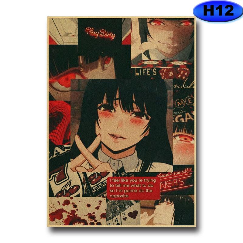 Винтажный плакат Kakegurui, наклейка, ретро аниме-плакаты и принты, настенные художественные фотографии для любителей, украшение для дома, гостиной, живопись