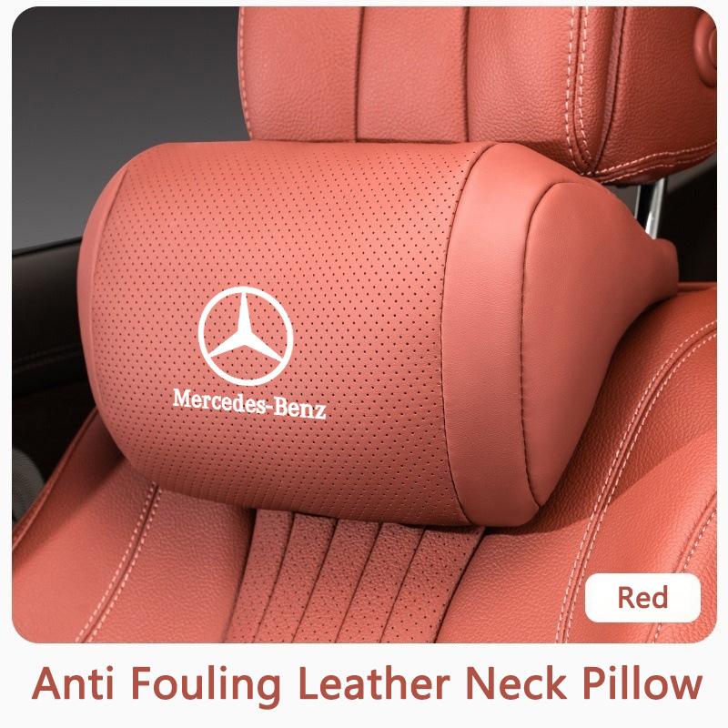 PZQ2 Napa Leather Car Headrest Auto Logo Seat Neck Pillow Head Support Breathable For Mercedes Benz AMG W205 W168 W213 W210 W222 CLK