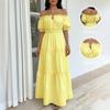 Women Off Shoulder Tiered Maxi Dress Smocked Waist Puff Sleeve Casual Summer Vacation Dress