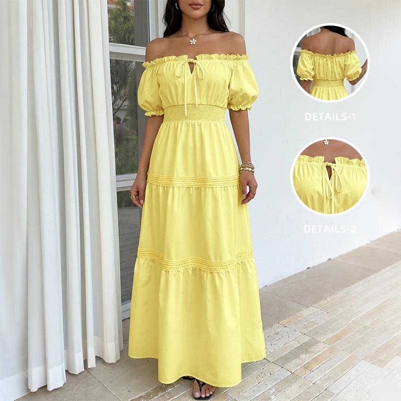 Women Off Shoulder Tiered Maxi Dress Smocked Waist Puff Sleeve Casual Summer Vacation Dress