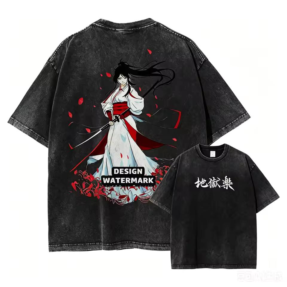 Hell's Paradise Sagiri Asaemon Sakura Double Sided Vintage Washed Black Anime T-Shirt Unisex Oversized Y2K Streetwear Cotton Tee