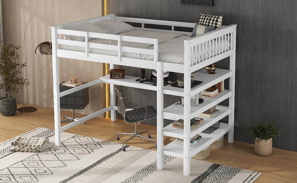 Loft Bed, 140 x 200, Children's Loft Bed with Storage Compartments and Under-Bed Desk, Without Mattress, White